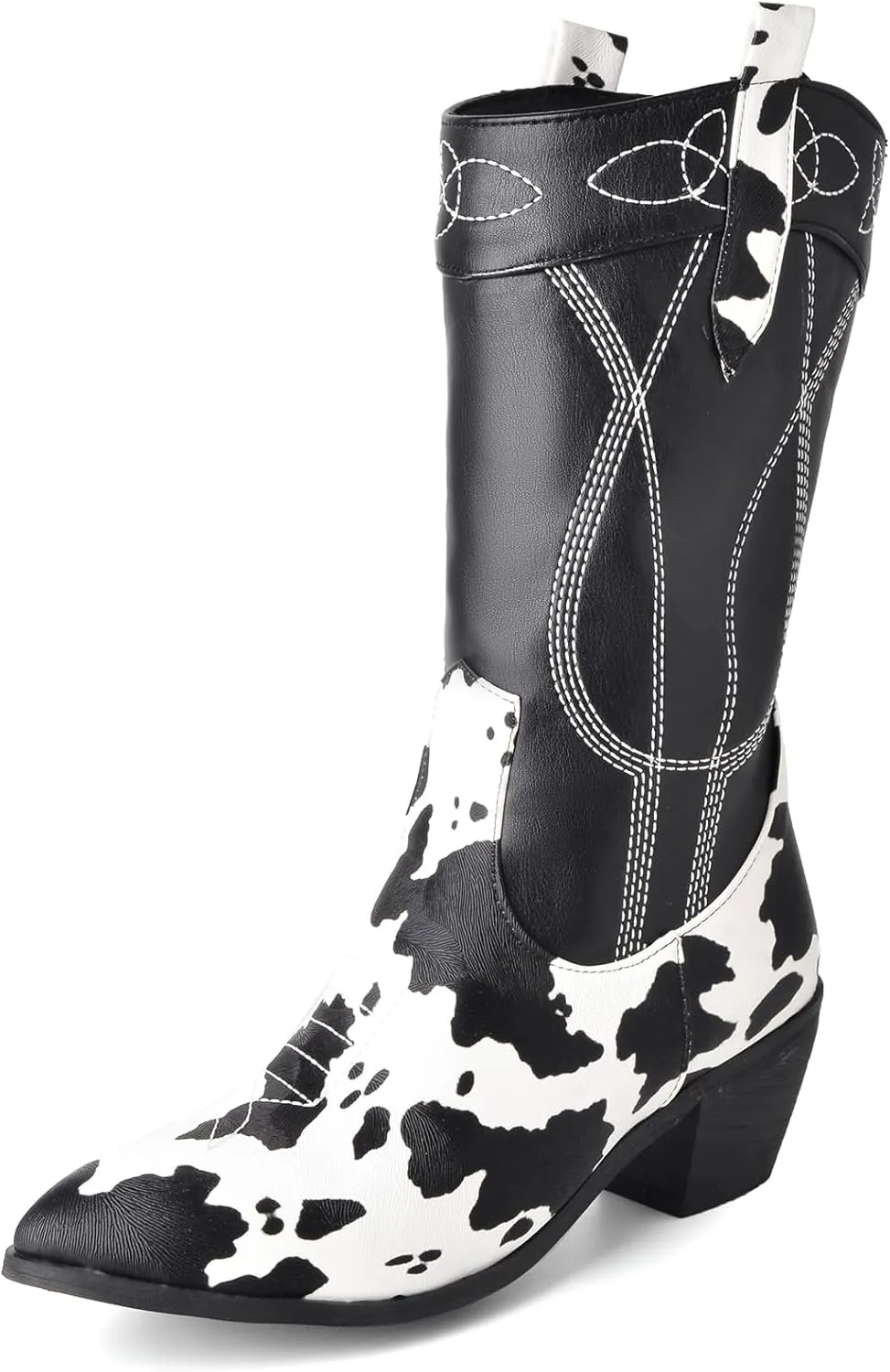 Cozivwaiy Cow Print Boots for Women Patchwork Cowboy Boots Animal Print Half Boots Pull on Chunky Mid Heel Cowgirl Boots