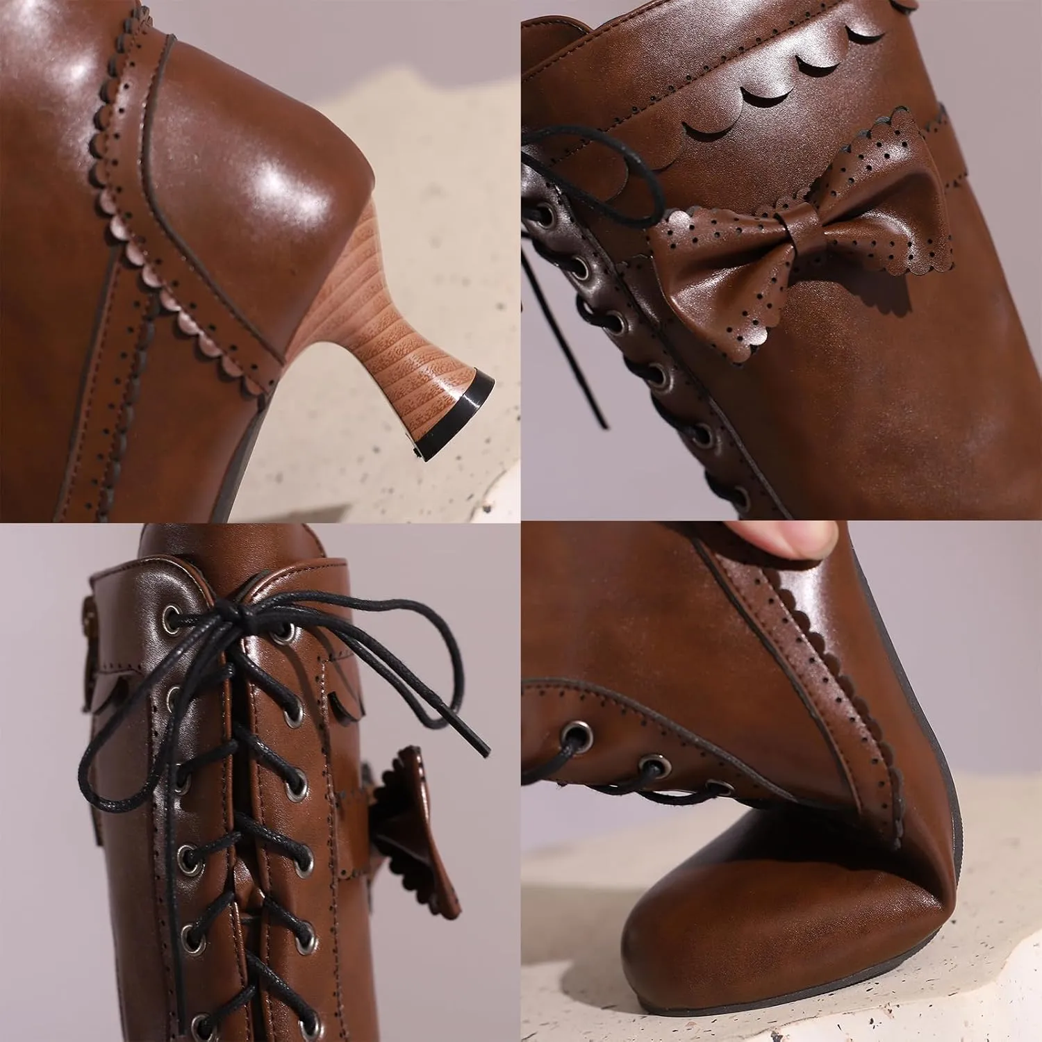 Cozivwaiy Vintage Victorian Boots Bowknot for Women Lolita Dress Boots Lace up Boots Mid Calf Cute Boots Side Zipper 2 inches Heel