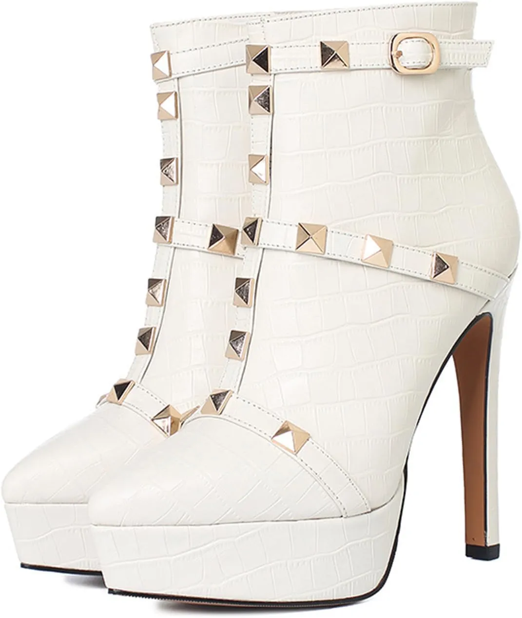 Crocodile Pattern High Heeled Ankle Boots,Cowhide Leather,Rivet Design,Suitable for Daily and Business Wear