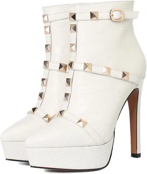 Crocodile Pattern High Heeled Ankle Boots,Cowhide Leather,Rivet Design,Suitable for Daily and Business Wear