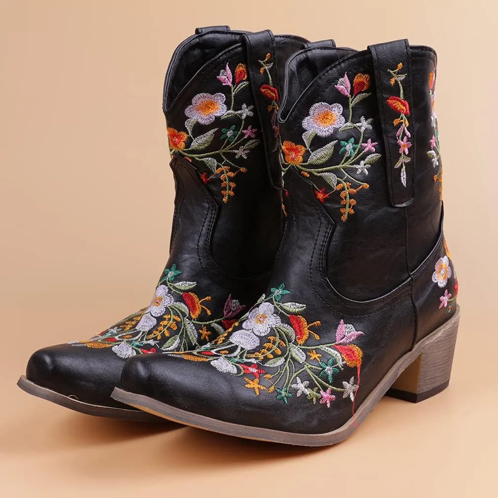 CRYSIGNE Women Flower Embroidered Ankle Cowgirl Boots Square Toe Western Boots Chunky Heel Pull On Short Boots