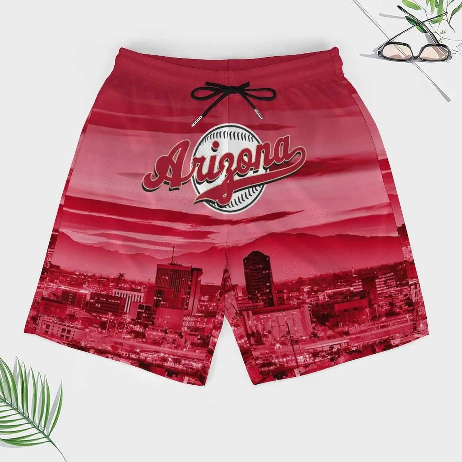 Custom Baseball Shorts for Men Youth City Nightscape 2 in 1 Beach Shorts with Pockets Baseball Sport Pants Fans Gift