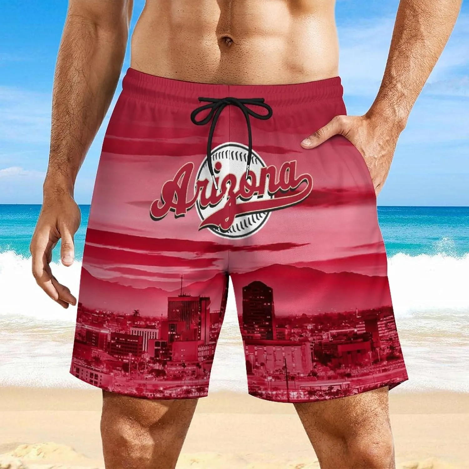 Custom Baseball Shorts for Men Youth City Nightscape 2 in 1 Beach Shorts with Pockets Baseball Sport Pants Fans Gift