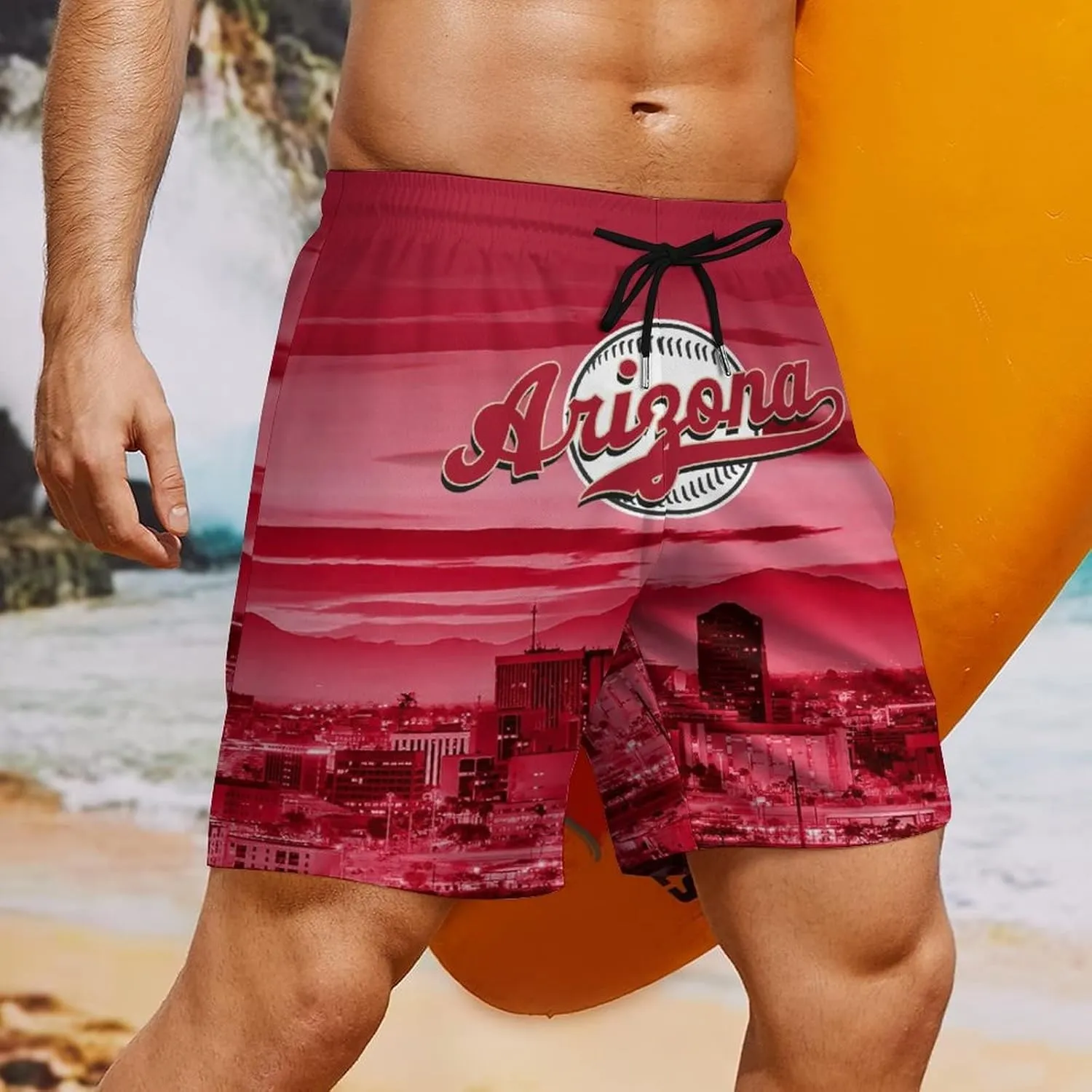 Custom Baseball Shorts for Men Youth City Nightscape 2 in 1 Beach Shorts with Pockets Baseball Sport Pants Fans Gift