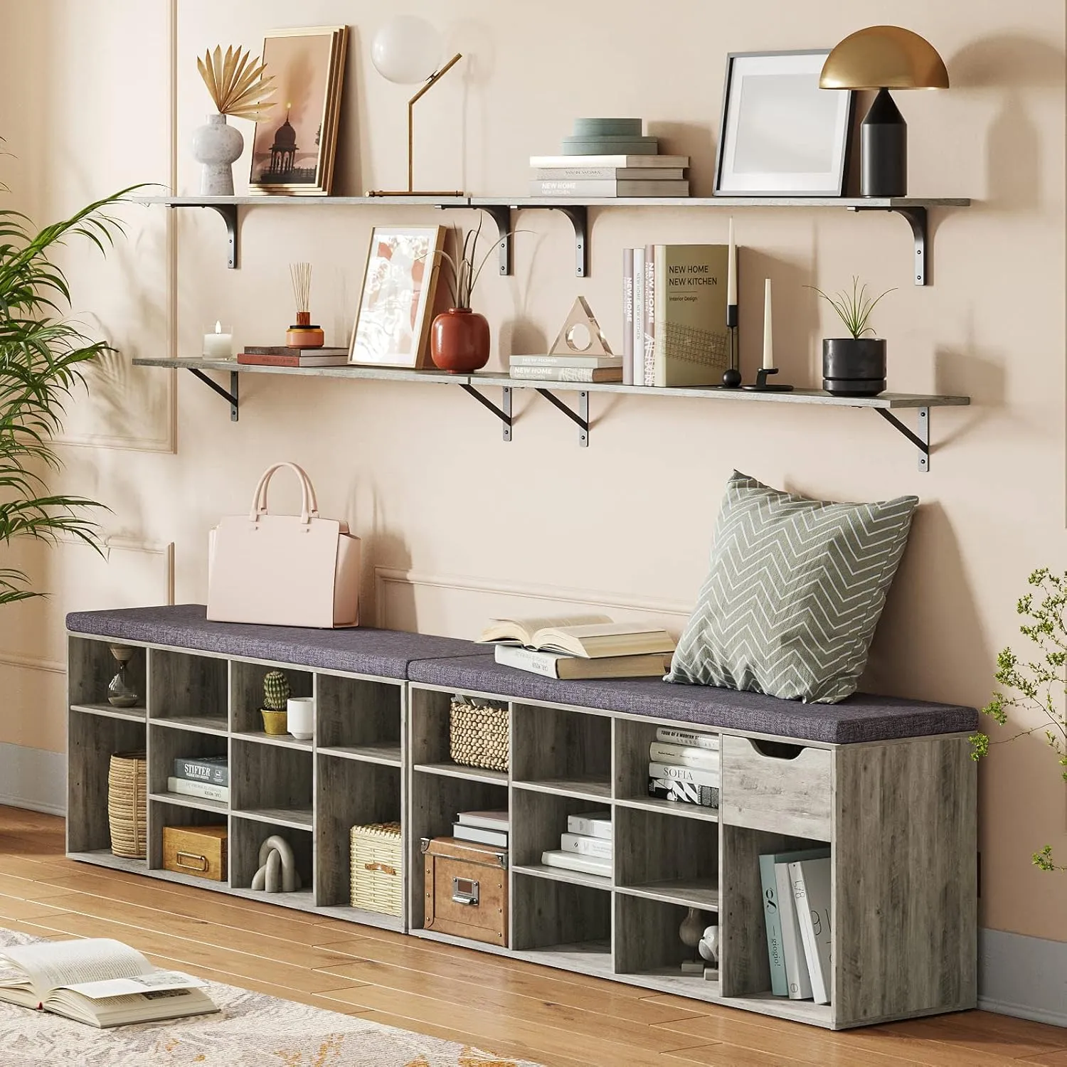 DINZI LVJ Shoe Bench, 12 Cubbies Shoe Organizer for Entryway, Storage Bench with Cushion, Cubby Shoe Rack with Adjustable Shelves for Living Room, Bedroom, Mudroom, Hallway, Gray Wash