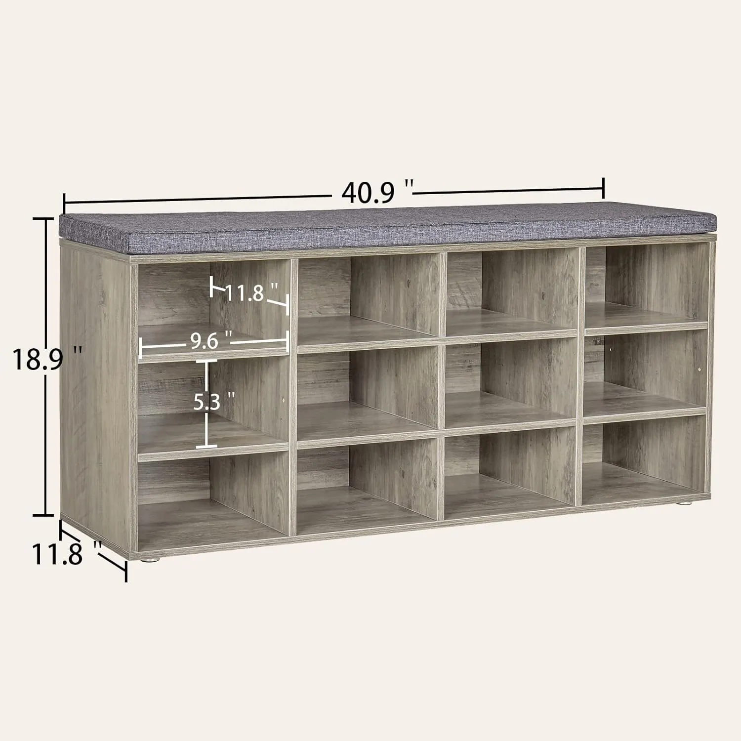 DINZI LVJ Shoe Bench, 12 Cubbies Shoe Organizer for Entryway, Storage Bench with Cushion, Cubby Shoe Rack with Adjustable Shelves for Living Room, Bedroom, Mudroom, Hallway, Gray Wash