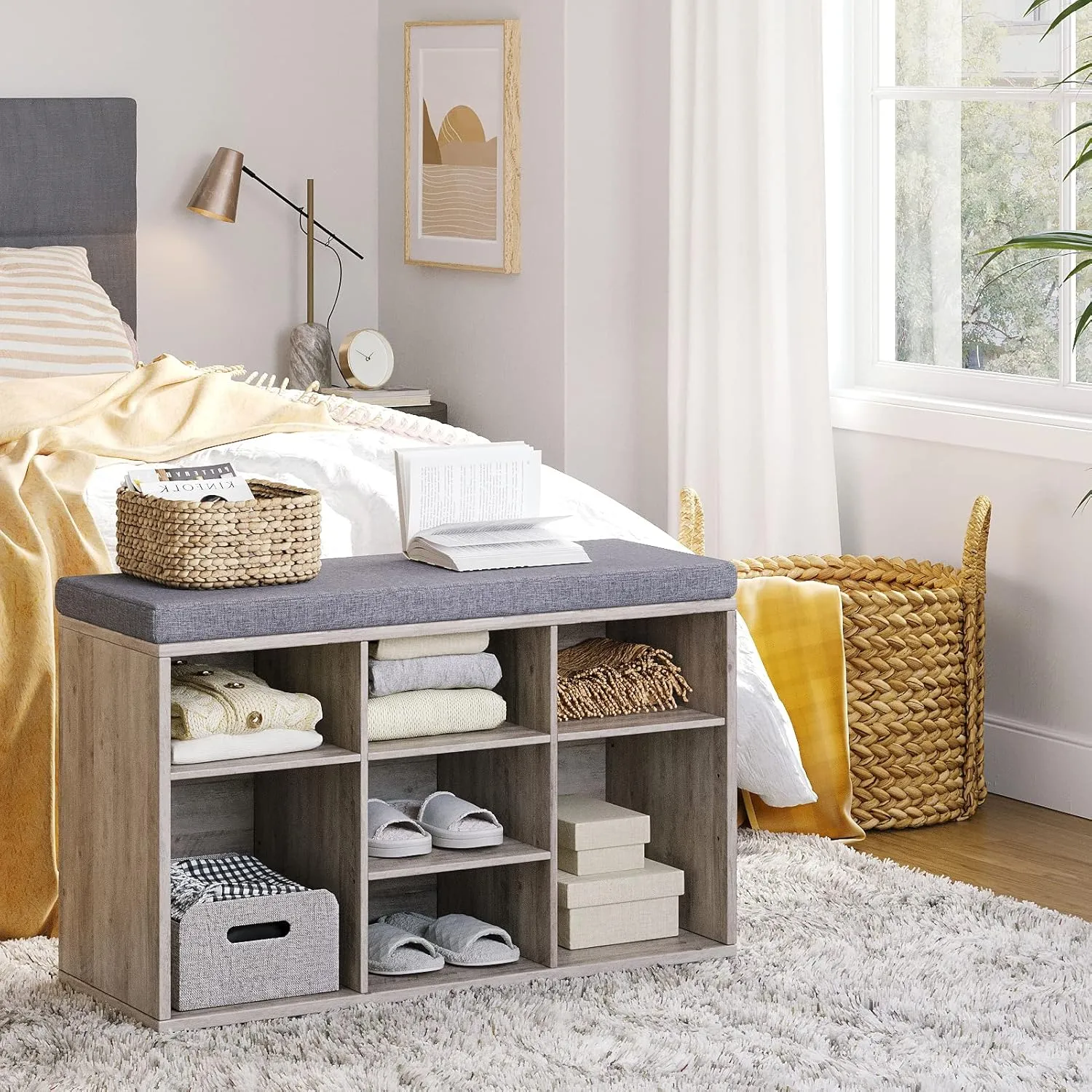 DINZI LVJ Shoe Bench, 9 Cubbies Shoe Organizer for Entryway, Storage Bench with Cushion, Cubby Shoe Rack with Adjustable Shelves for Living Room, Bedroom, Mudroom, Hallway, Greige