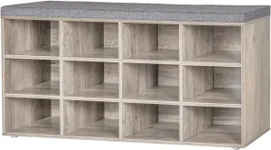 DINZI LVJ Shoe Storage Bench with Cushion, Cubby Rack with 12 Cubbies, Adjustable Shelves, Multifunctional Organizer Bench for Entryway, Mudroom, Hallway, Closet and Garage, Greige