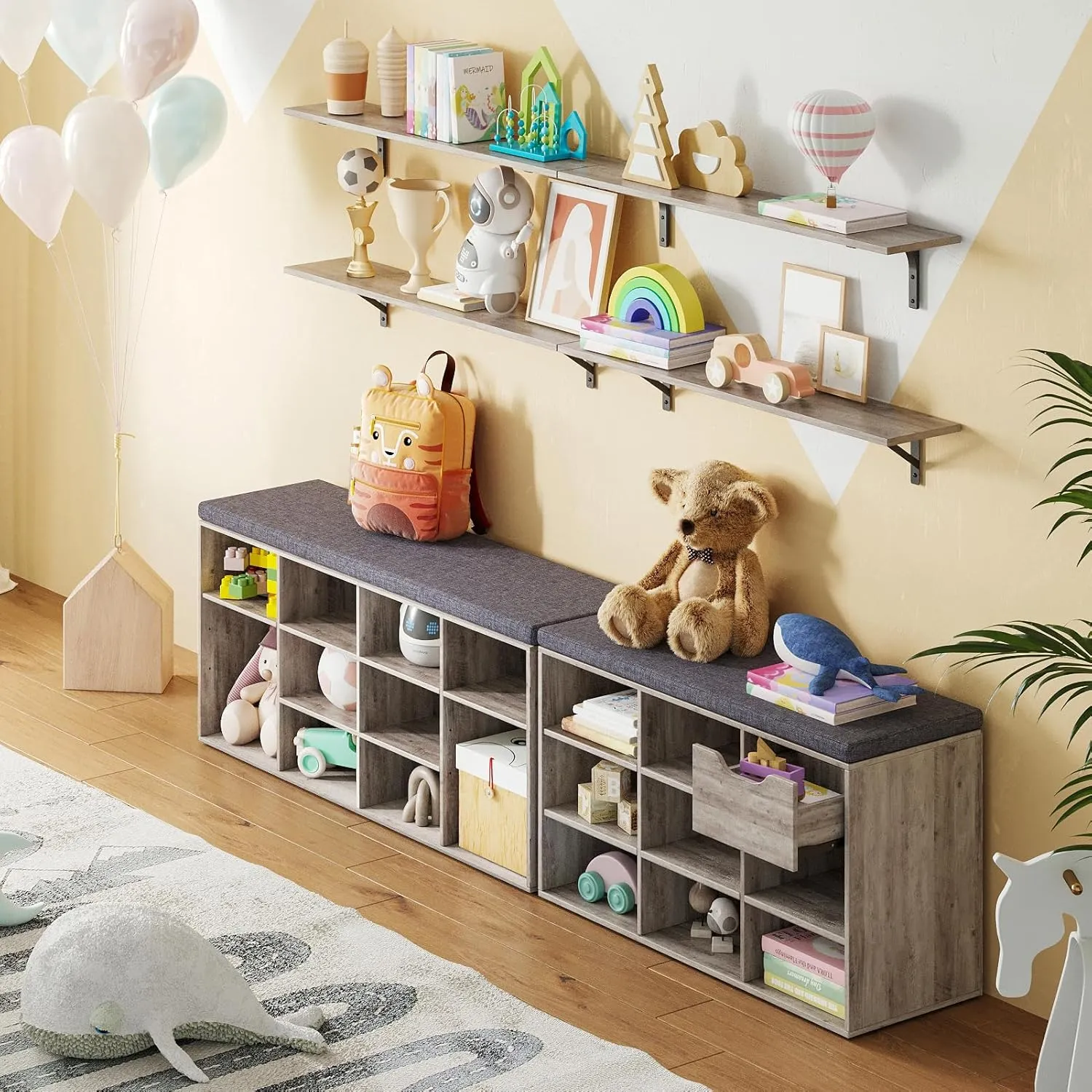DINZI LVJ Shoe Storage Bench with Cushion, Cubby Rack with 12 Cubbies, Adjustable Shelves, Multifunctional Organizer Bench for Entryway, Mudroom, Hallway, Closet and Garage, Greige