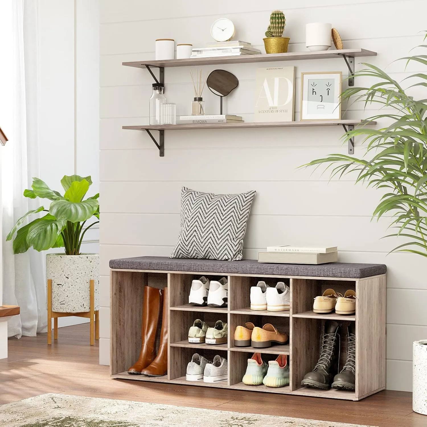 DINZI LVJ Shoe Storage Bench with Cushion, Cubby Rack with 12 Cubbies, Adjustable Shelves, Multifunctional Organizer Bench for Entryway, Mudroom, Hallway, Closet and Garage, Greige