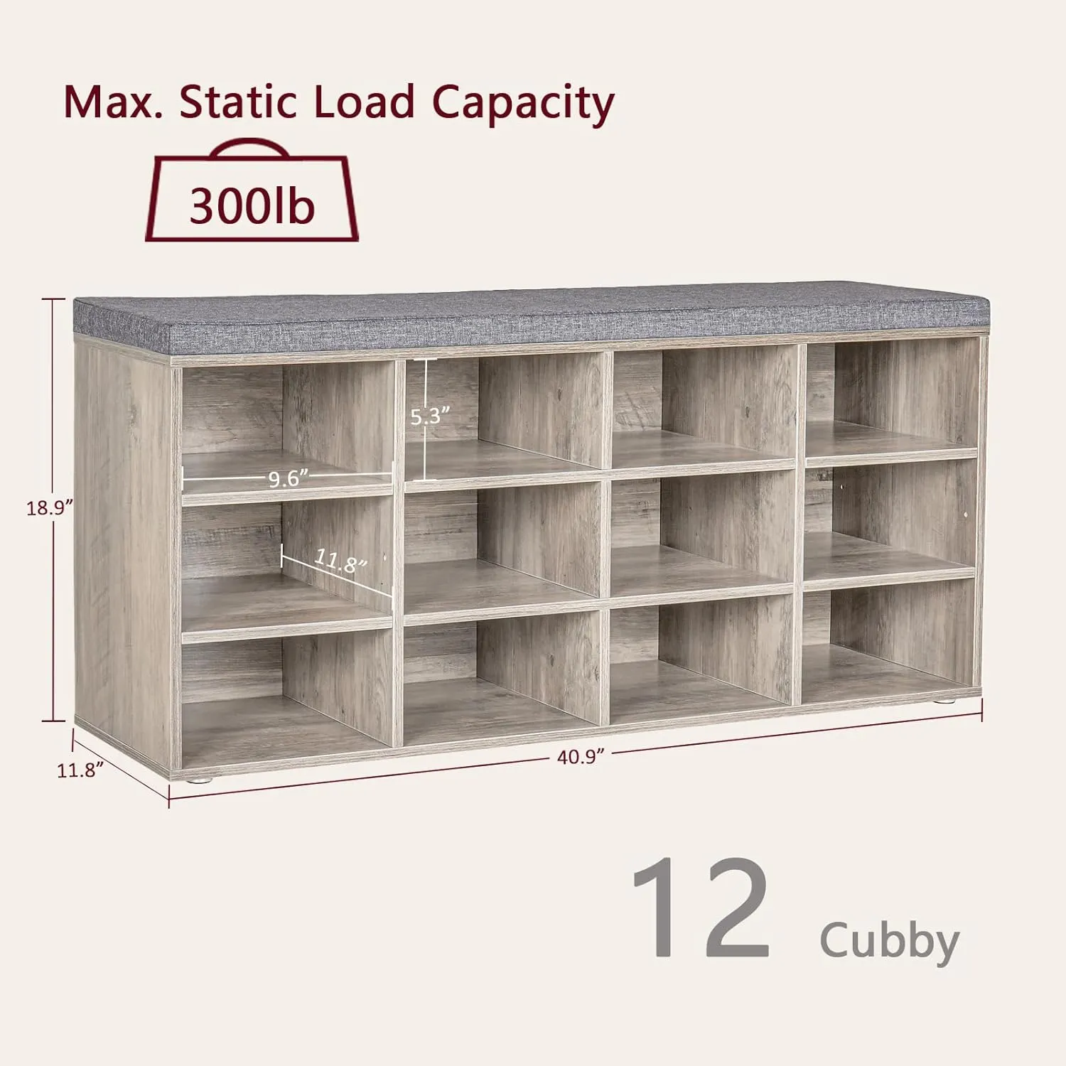 DINZI LVJ Shoe Storage Bench with Cushion, Cubby Rack with 12 Cubbies, Adjustable Shelves, Multifunctional Organizer Bench for Entryway, Mudroom, Hallway, Closet and Garage, Greige