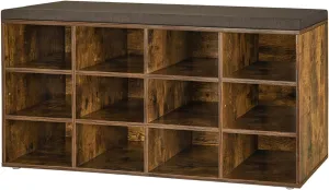 DINZI LVJ Shoe Storage Bench with Cushion, Cubby Shoe Rack with 12 Cubbies, Adjustable Shelves, Multifunctional Shoe Organizer Bench for Entryway, Mudroom, Hallway, Closet and Garage, Rustic Brown