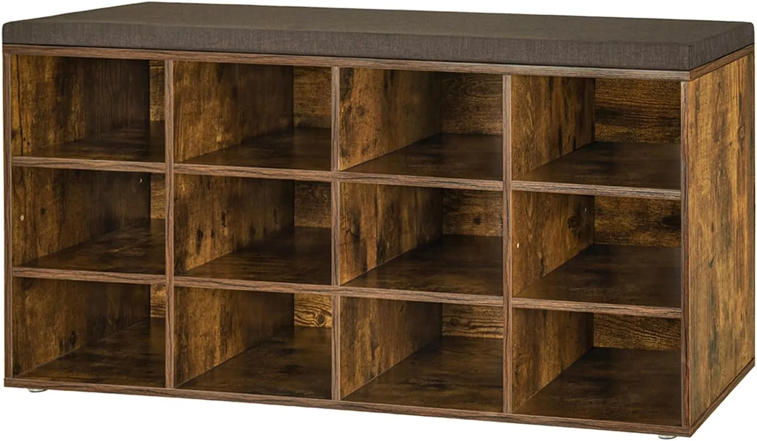 DINZI LVJ Shoe Storage Bench with Cushion, Cubby Shoe Rack with 12 Cubbies, Adjustable Shelves, Multifunctional Shoe Organizer Bench for Entryway, Mudroom, Hallway, Closet and Garage, Rustic Brown