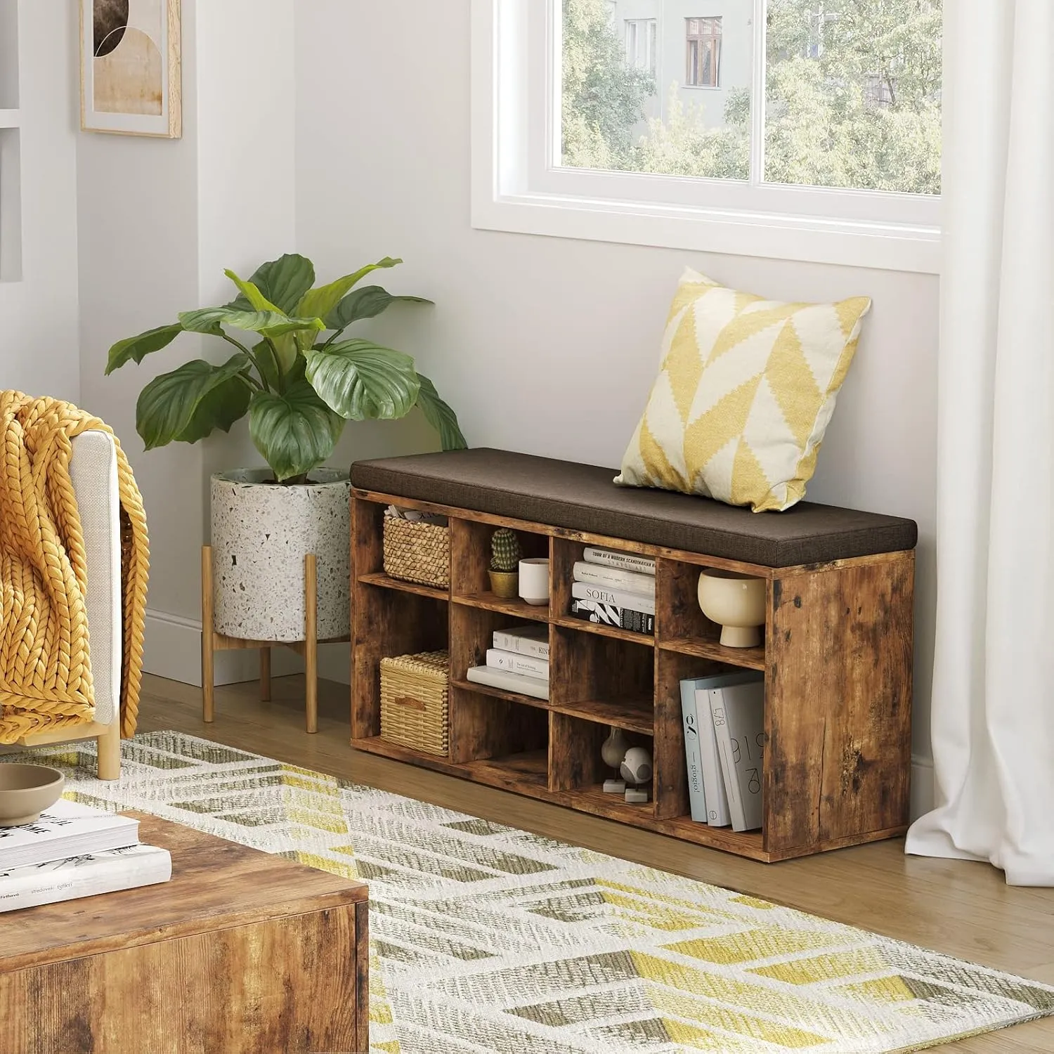 DINZI LVJ Shoe Storage Bench with Cushion, Cubby Shoe Rack with 12 Cubbies, Adjustable Shelves, Multifunctional Shoe Organizer Bench for Entryway, Mudroom, Hallway, Closet and Garage, Rustic Brown