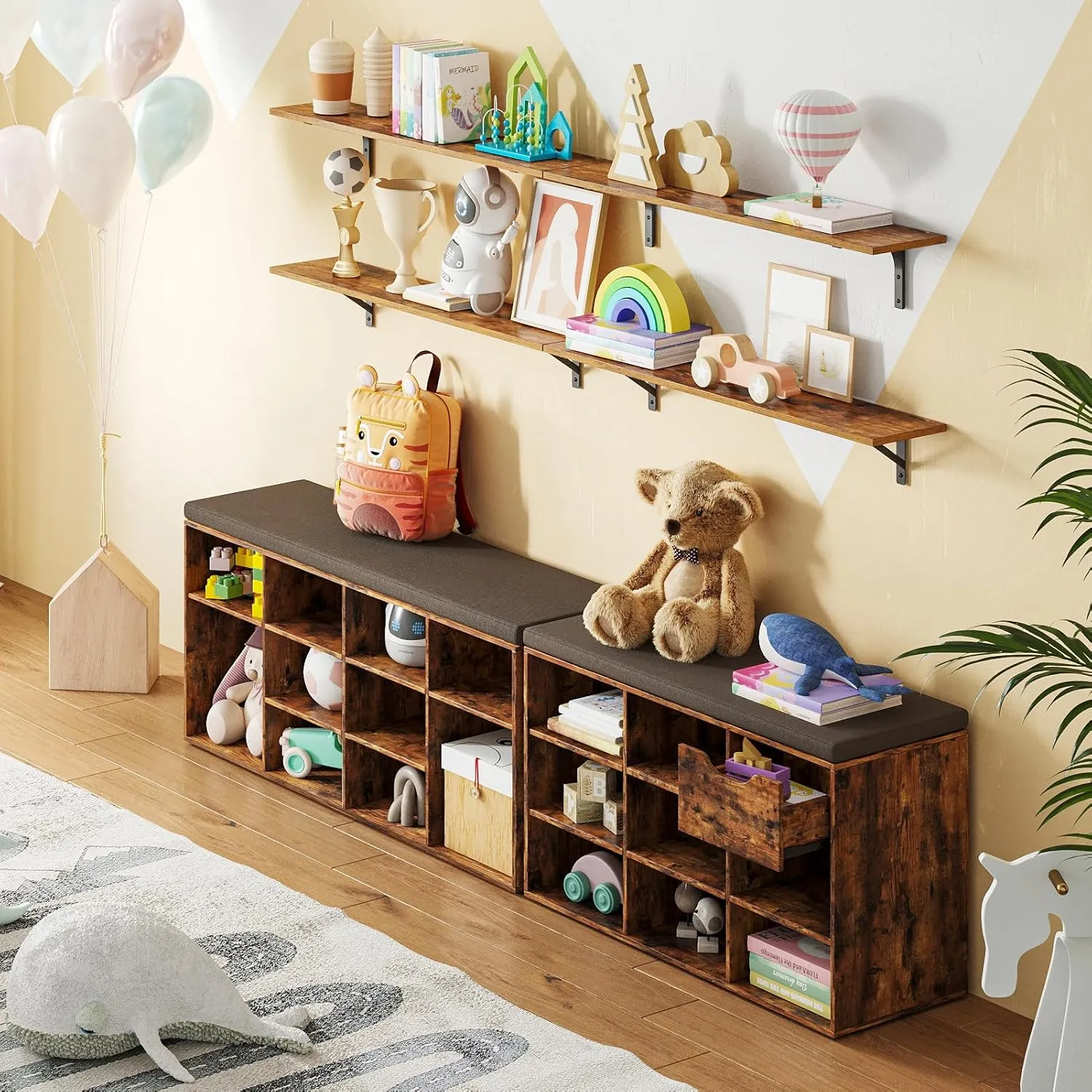 DINZI LVJ Shoe Storage Bench with Cushion, Cubby Shoe Rack with 12 Cubbies, Adjustable Shelves, Multifunctional Shoe Organizer Bench for Entryway, Mudroom, Hallway, Closet and Garage, Rustic Brown