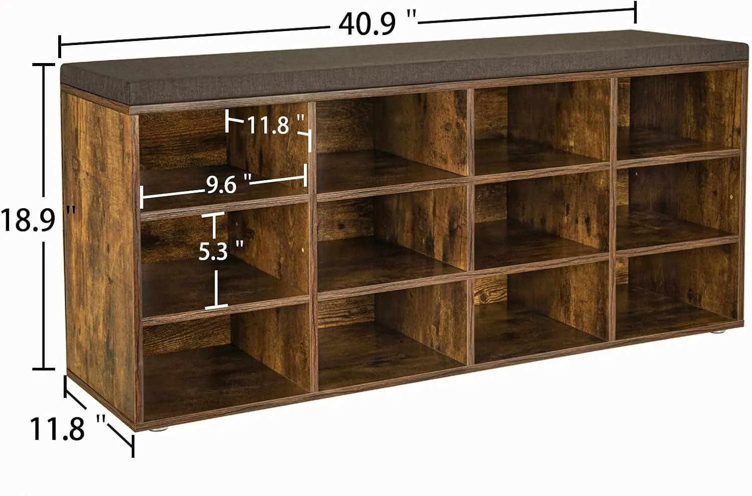 DINZI LVJ Shoe Storage Bench with Cushion, Cubby Shoe Rack with 12 Cubbies, Adjustable Shelves, Multifunctional Shoe Organizer Bench for Entryway, Mudroom, Hallway, Closet and Garage, Rustic Brown