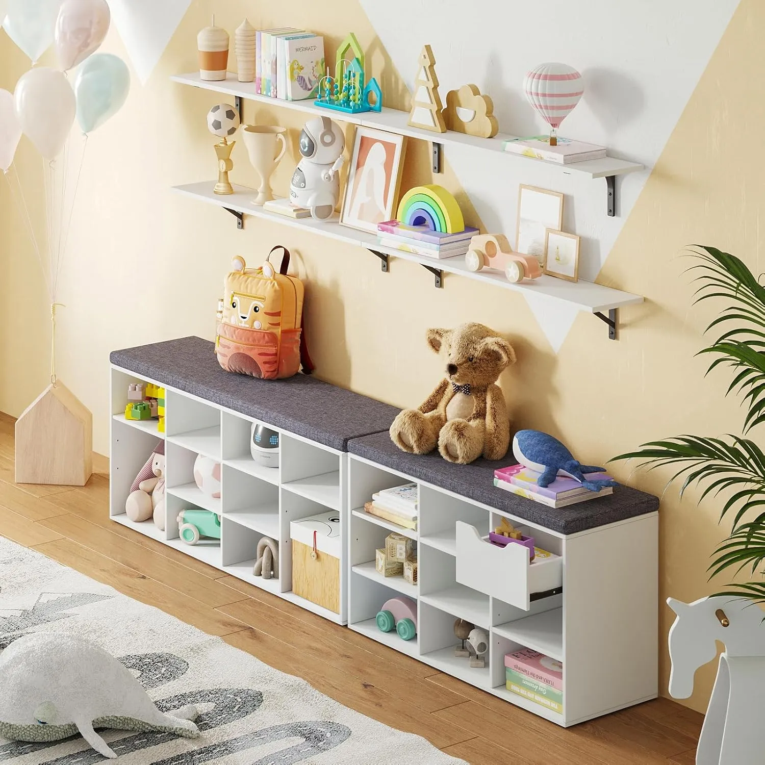 DINZI LVJ Shoe Storage Bench with Cushion, Cubby Shoe Rack with 12 Cubbies, Adjustable Shelves, Multifunctional Shoe Organizer Bench for Entryway, Mudroom, Hallway, Closet and Garage, White