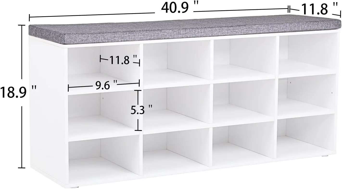 DINZI LVJ Shoe Storage Bench with Cushion, Cubby Shoe Rack with 12 Cubbies, Adjustable Shelves, Multifunctional Shoe Organizer Bench for Entryway, Mudroom, Hallway, Closet and Garage, White