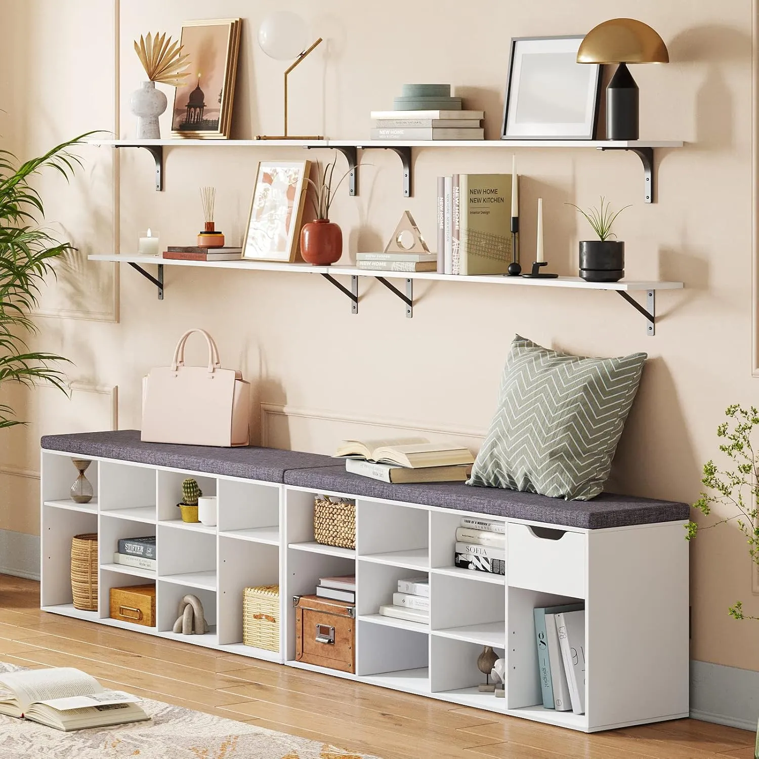 DINZI LVJ Shoe Storage Bench with Cushion, Cubby Shoe Rack with 12 Cubbies, Adjustable Shelves, Multifunctional Shoe Organizer Bench for Entryway, Mudroom, Hallway, Closet and Garage, White