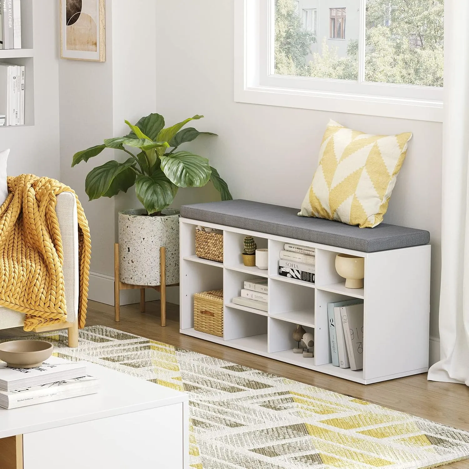 DINZI LVJ Shoe Storage Bench with Cushion, Cubby Shoe Rack with 12 Cubbies, Adjustable Shelves, Multifunctional Shoe Organizer Bench for Entryway, Mudroom, Hallway, Closet and Garage, White