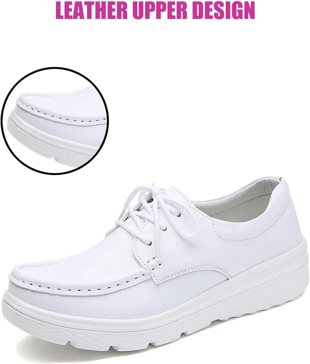 DirraBra Ladies Fashion Leather Platform Lace Up Moccasin Boat Shoes Loafers Slip On Breathable Lightweight Comfortable Sneakers