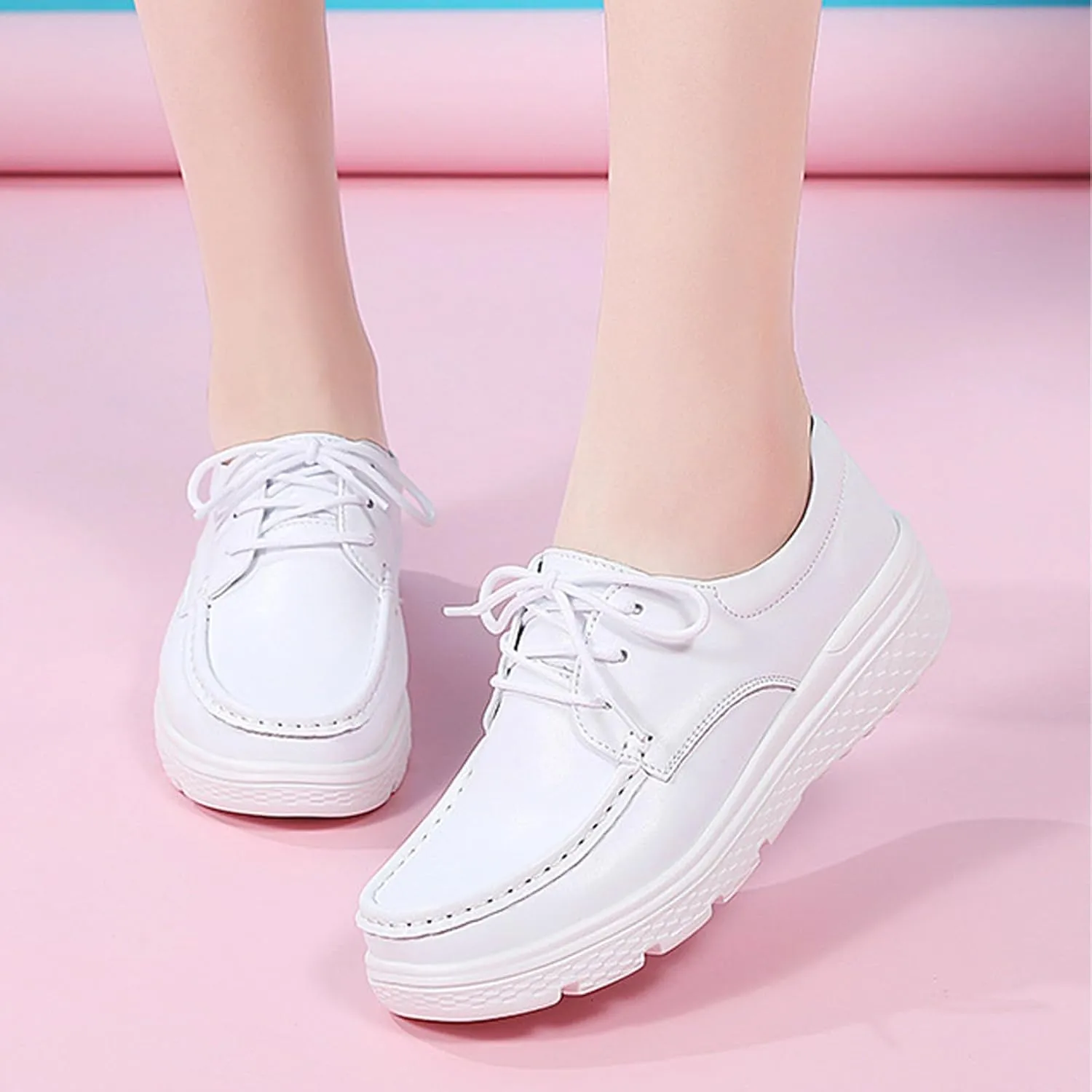DirraBra Ladies Fashion Leather Platform Lace Up Moccasin Boat Shoes Loafers Slip On Breathable Lightweight Comfortable Sneakers