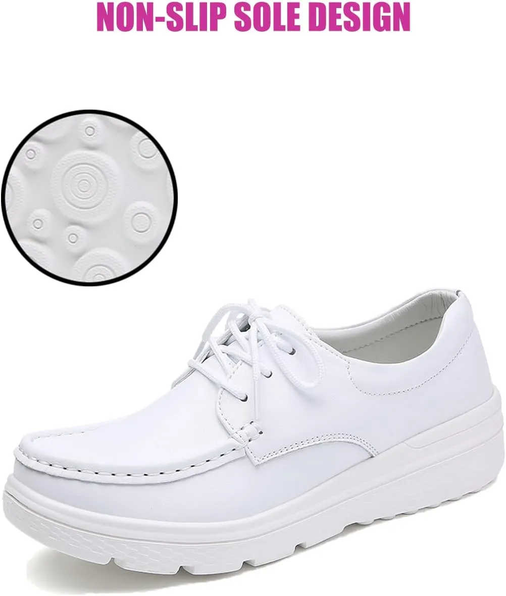DirraBra Ladies Fashion Leather Platform Lace Up Moccasin Boat Shoes Loafers Slip On Breathable Lightweight Comfortable Sneakers