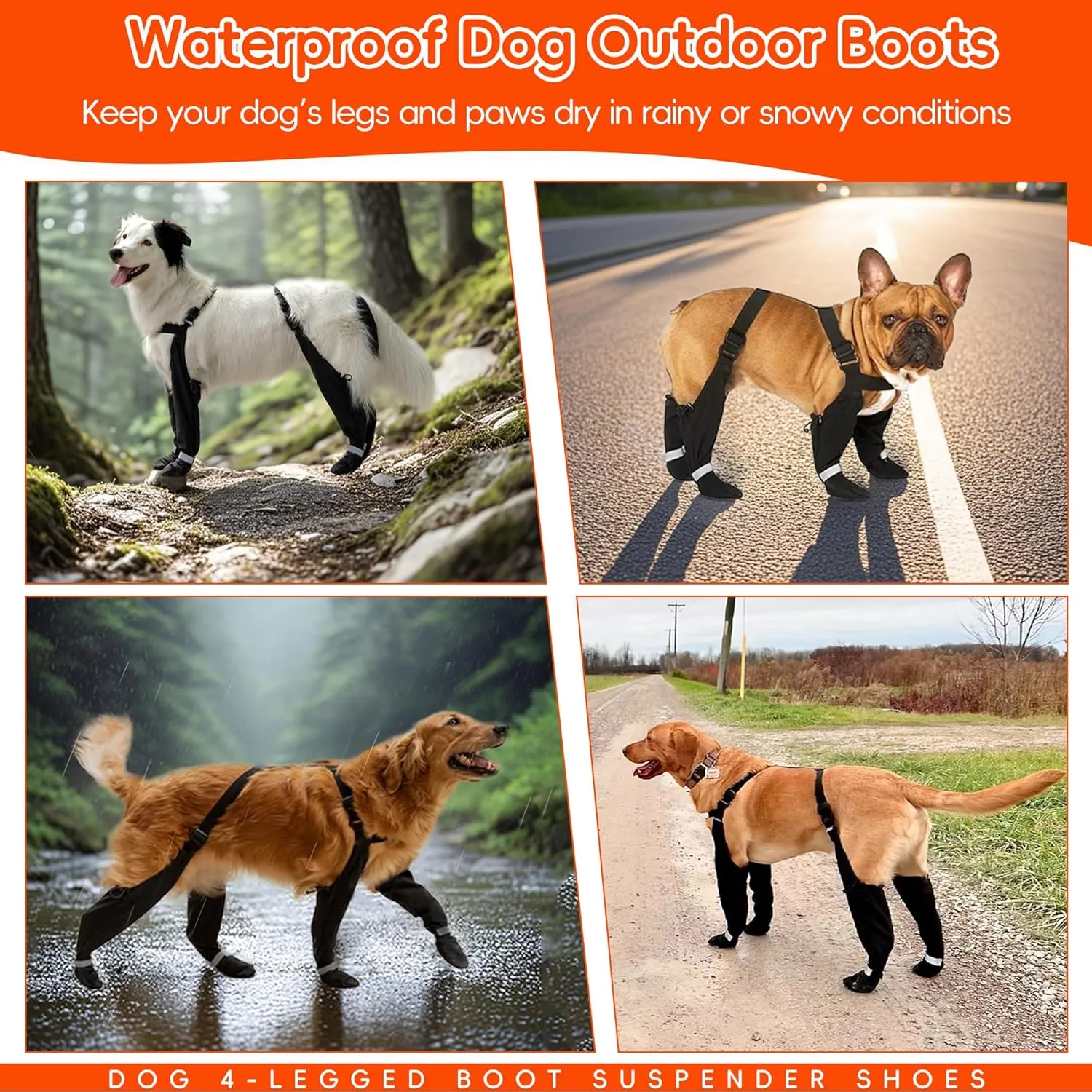 Dog Suspender Boots, Large Dog Rain Boots, Waterproof Doggy Winter Boot Snow Pants, Paw Protectors Legging Shoes with Suspenders, Anti-Slip Reflective Rain Boot for Walk Hike Outdoor Snowy (Black,XL)
