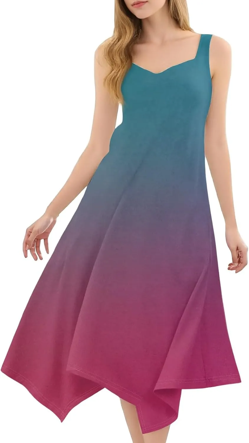 DOPOCQ Dresses for Women Elegant Classy Summer V Neck Sleeveless Flowy Midi Dress Trendy Gradient Casual Loose Sundress