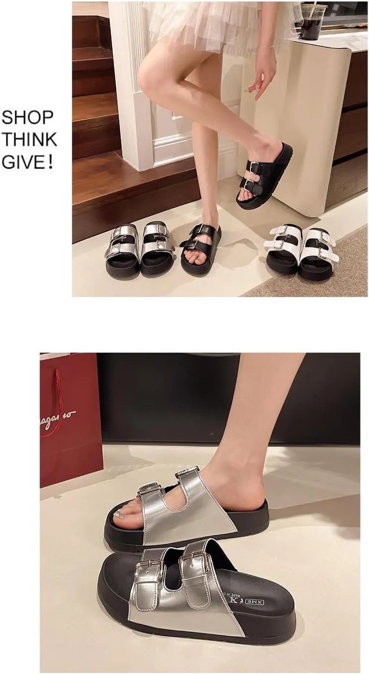 Double Buckle Belt Platform Sandals Corporate Goth Slides for Women Comfortable Comfy Comfort Casual Cute Kawaii Fashion Trendy Shoes Beach Rave Summer Gifts