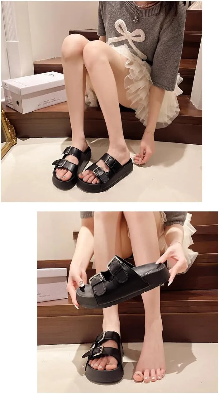 Double Buckle Belt Platform Sandals Corporate Goth Slides for Women Comfortable Comfy Comfort Casual Cute Kawaii Fashion Trendy Shoes Beach Rave Summer Gifts