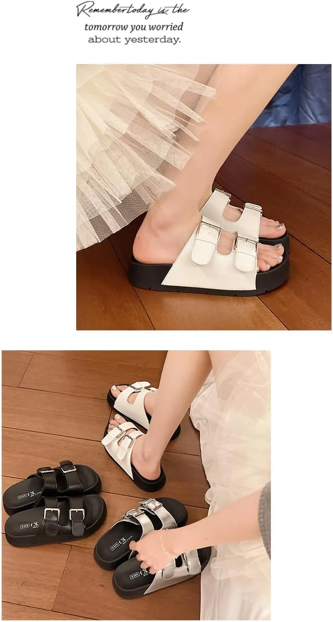 Double Buckle Belt Platform Sandals Corporate Goth Slides for Women Comfortable Comfy Comfort Casual Cute Kawaii Fashion Trendy Shoes Beach Rave Summer Gifts