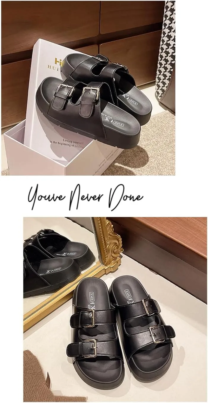 Double Buckle Belt Platform Sandals Corporate Goth Slides for Women Comfortable Comfy Comfort Casual Cute Kawaii Fashion Trendy Shoes Beach Rave Summer Gifts