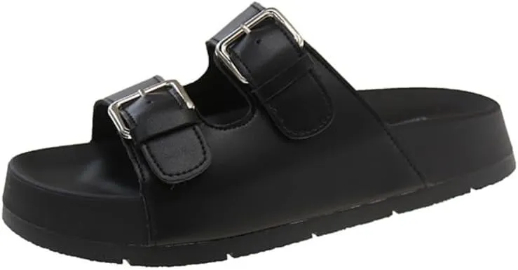 Double Buckle Belt Platform Sandals Corporate Goth Slides for Women Comfortable Comfy Comfort Casual Cute Kawaii Fashion Trendy Shoes Beach Rave Summer Gifts