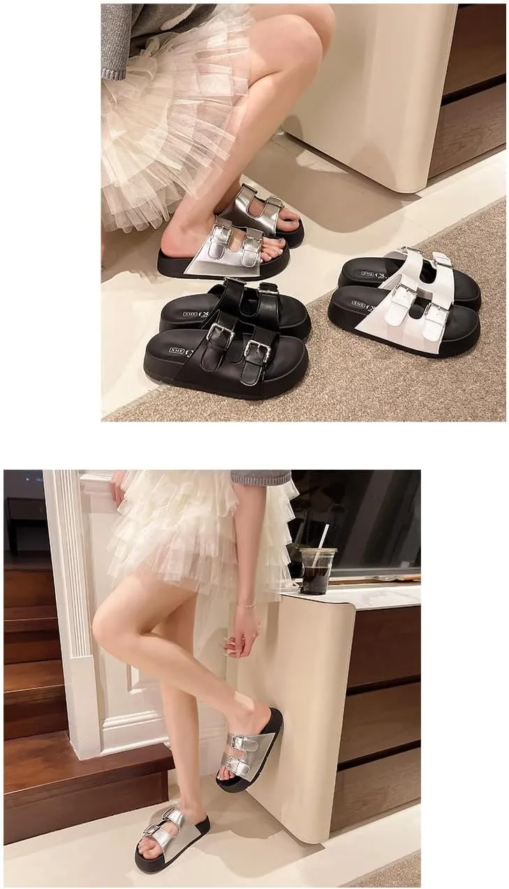 Double Buckle Belt Platform Sandals Corporate Goth Slides for Women Comfortable Comfy Comfort Casual Cute Kawaii Fashion Trendy Shoes Beach Rave Summer Gifts