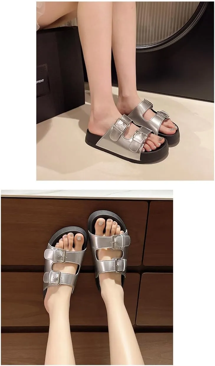 Double Buckle Belt Platform Sandals Corporate Goth Slides for Women Comfortable Comfy Comfort Casual Cute Kawaii Fashion Trendy Shoes Beach Rave Summer Gifts