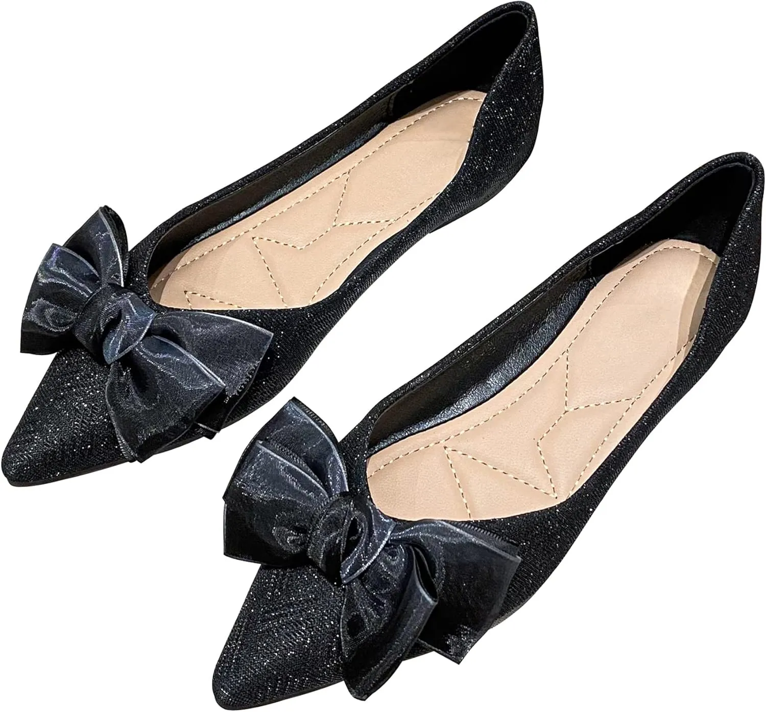 Dressy Flats Sequins Bow-Knot Shoes for Women Pointed Toe Bridal Wedding Shoes Comfortable Loafers Slip-ons