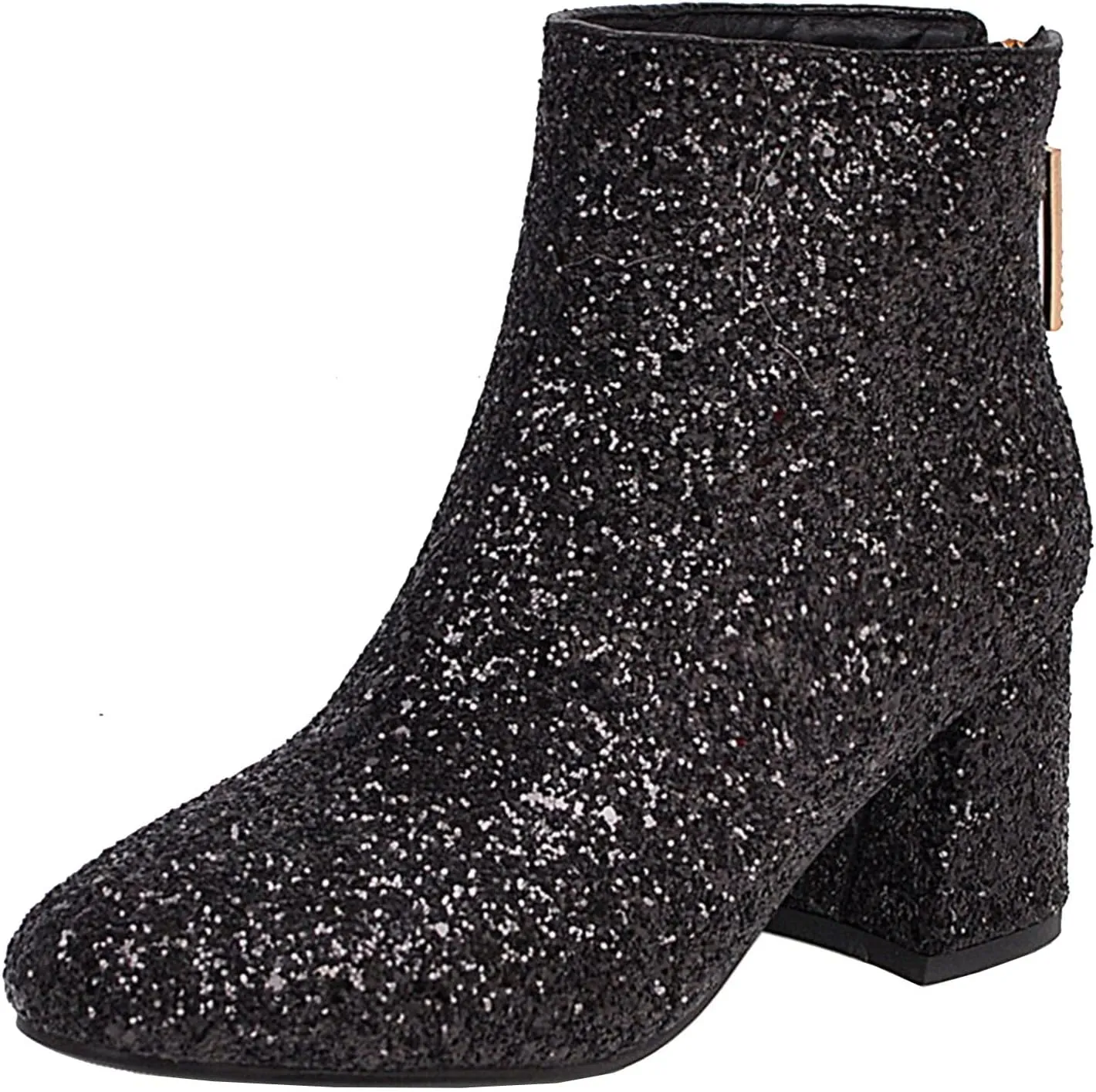 Elbslutt Women's Glitter Sparkly Booties Chunky Heels Ankle Boots Back Zipper Block Heeled Short Sequin Boots Wedding Bridal Party Dress Shoes