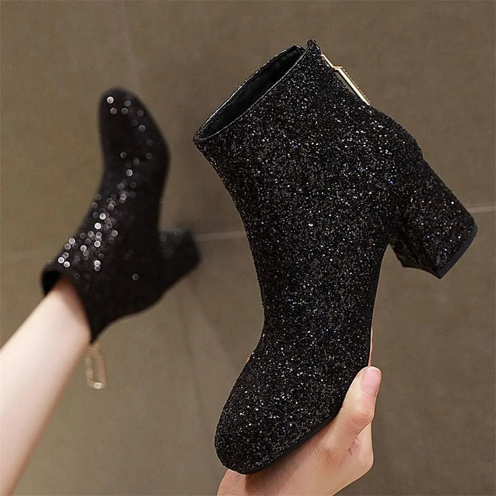 Elbslutt Women's Glitter Sparkly Booties Chunky Heels Ankle Boots Back Zipper Block Heeled Short Sequin Boots Wedding Bridal Party Dress Shoes