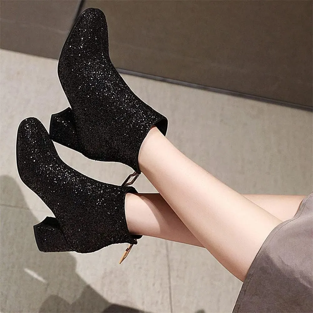 Elbslutt Women's Glitter Sparkly Booties Chunky Heels Ankle Boots Back Zipper Block Heeled Short Sequin Boots Wedding Bridal Party Dress Shoes