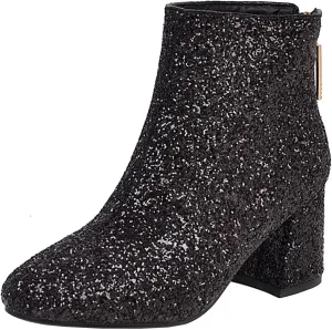 Elbslutt Women's Glitter Sparkly Booties Chunky Heels Ankle Boots Back Zipper Block Heeled Short Sequin Boots Wedding Bridal Party Dress Shoes