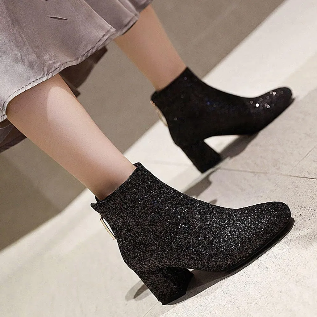 Elbslutt Women's Glitter Sparkly Booties Chunky Heels Ankle Boots Back Zipper Block Heeled Short Sequin Boots Wedding Bridal Party Dress Shoes