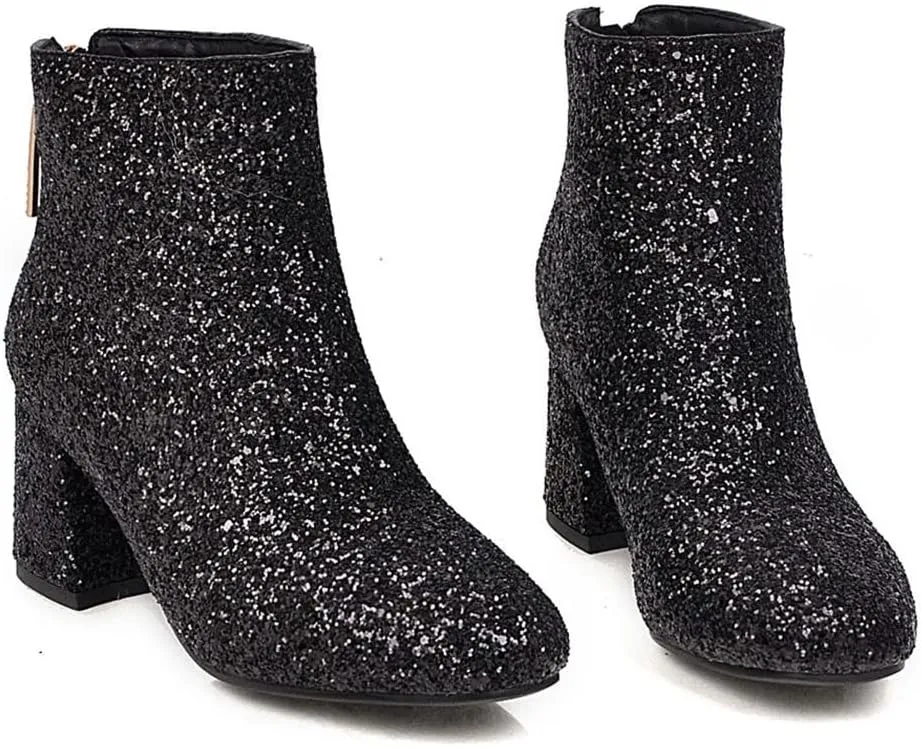 Elbslutt Women's Glitter Sparkly Booties Chunky Heels Ankle Boots Back Zipper Block Heeled Short Sequin Boots Wedding Bridal Party Dress Shoes