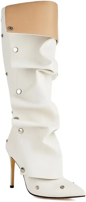Elbslutt Womens Stiletto Heel Knee High Boots Pointed Toe Stiletto High Heel Boot Detachable Snap-off Panel Shark Boots Buttons Fall Slouchy Boot with Zipper