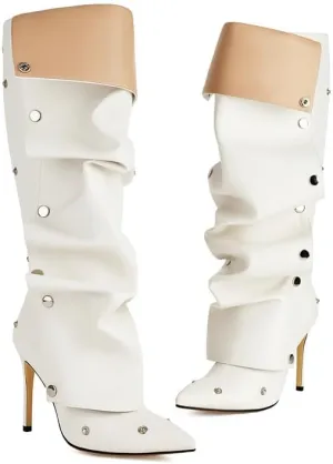 Elbslutt Womens Stiletto Heel Knee High Boots Pointed Toe Stiletto High Heel Boot Detachable Snap-off Panel Shark Boots Buttons Fall Slouchy Boot with Zipper