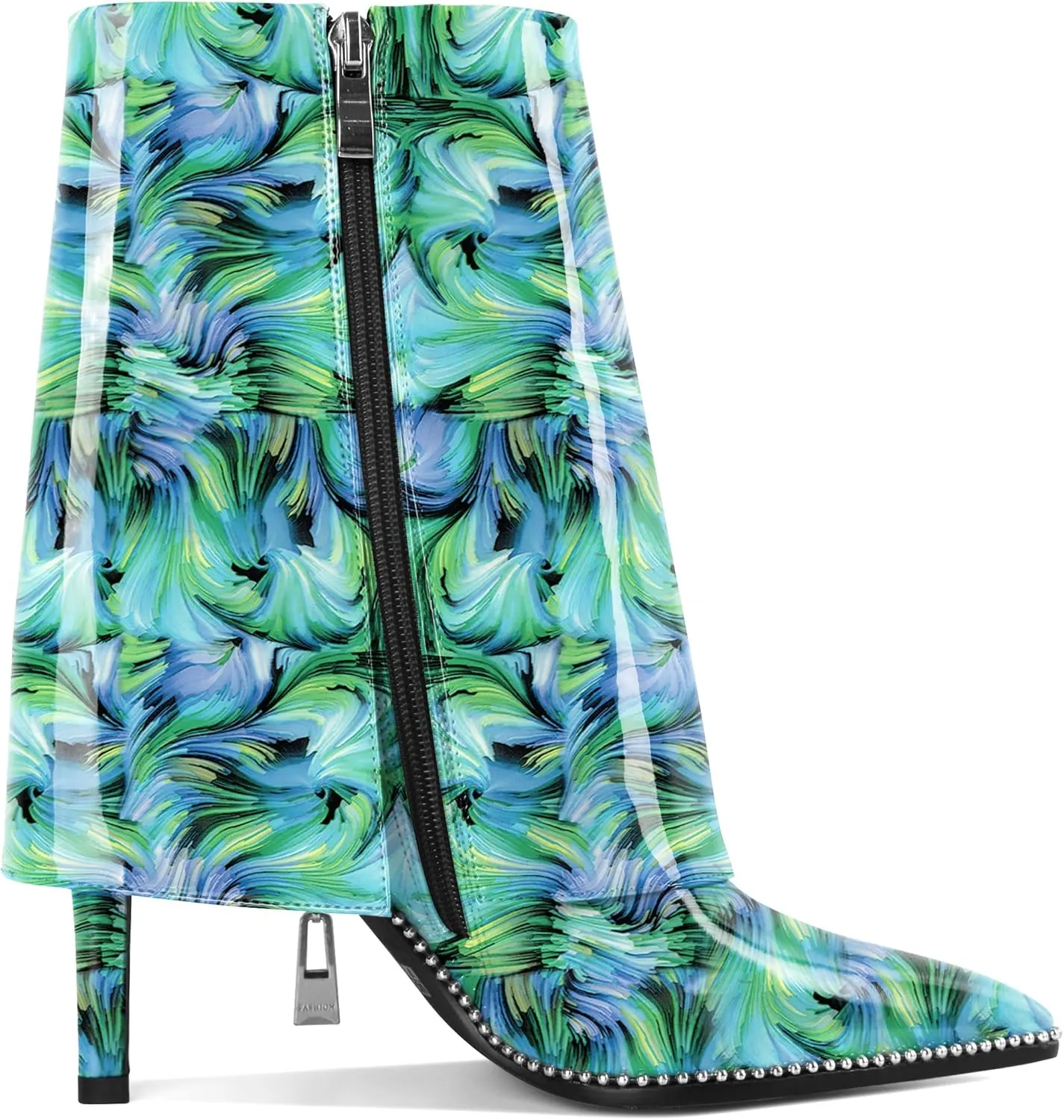 Eldof Ankle Boots for Women Fold Over Stiletto High Heel Pointed Toe Beaded Fall Short Booties Buckle Strap Side Zipper 3.5 Inches