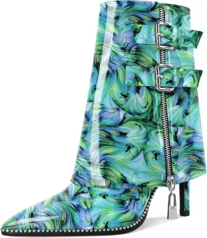 Eldof Ankle Boots for Women Fold Over Stiletto High Heel Pointed Toe Beaded Fall Short Booties Buckle Strap Side Zipper 3.5 Inches