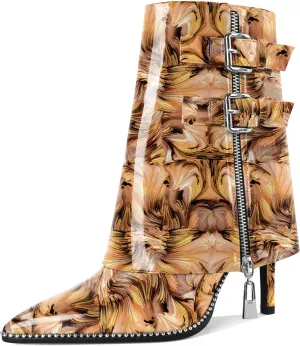 Eldof Ankle Boots for Women Fold Over Stiletto High Heel Pointed Toe Beaded Fall Short Booties Buckle Strap Side Zipper 3.5 Inches