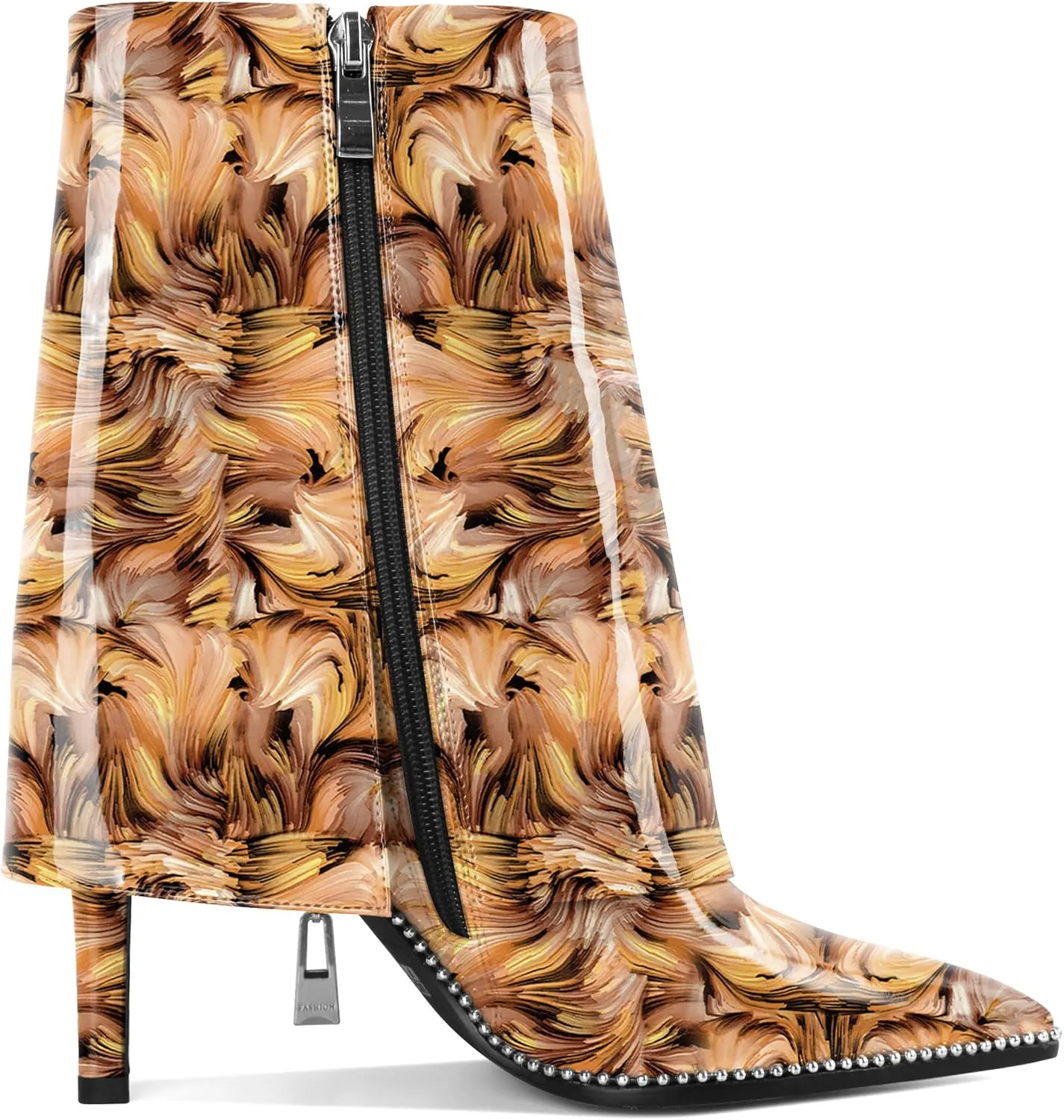 Eldof Ankle Boots for Women Fold Over Stiletto High Heel Pointed Toe Beaded Fall Short Booties Buckle Strap Side Zipper 3.5 Inches