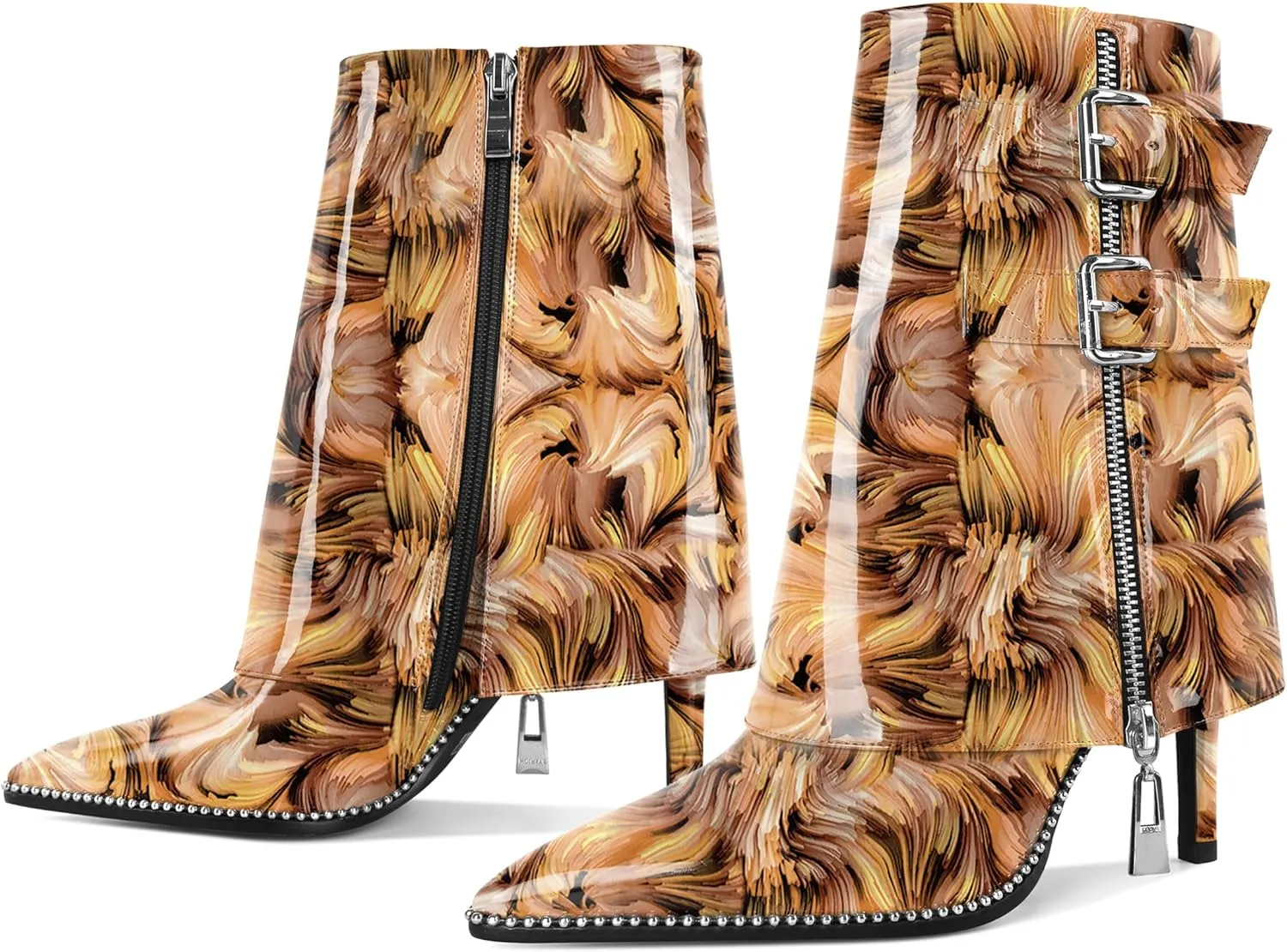 Eldof Ankle Boots for Women Fold Over Stiletto High Heel Pointed Toe Beaded Fall Short Booties Buckle Strap Side Zipper 3.5 Inches